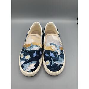 Inkkas Slip On Shoes Women’s 7.5 Shark Ocean Print Canvas Sneakers Blue